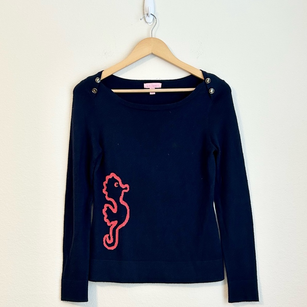 Lilly Pulitzer Kathy Boatneck Cashmere Pullover Sweater Seahorse Nautical, XS